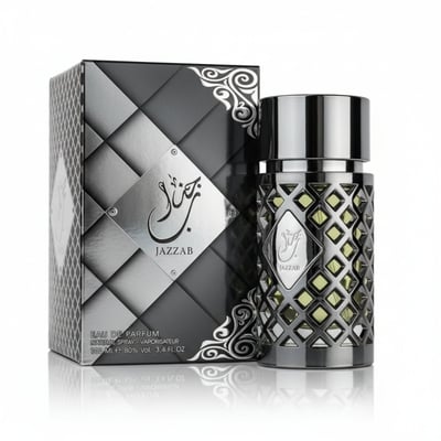 Ard Al Zaafaran Jazzab Silver – 100ml for Him, showing the perfume bottle and its diamond-patterned silver and black box