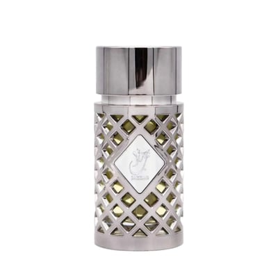 Ard Al Zaafaran Jazzab Silver – Silver ornate cage bottle with green liquid, diamond-shaped emblem with Arabic script and
