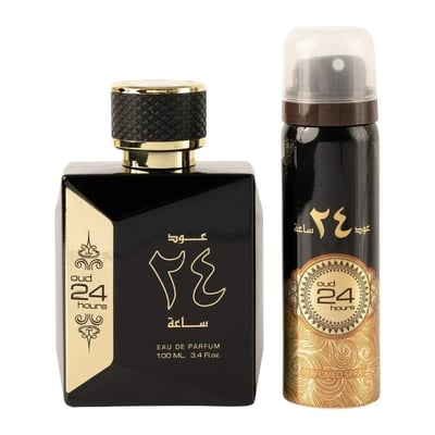 Ard Al Zaafaran Oud 24 Hours — Black perfume bottle and matching black spray can with gold accents, isolated on white