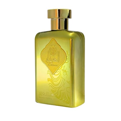 Ard Al Zaafaran Al Dirgham EDP 100ml Men — Gold bottle with ornate Arabic script and lion emblem, gold cap, white background