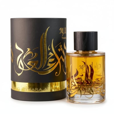 Ard Al Zaafaran Thara Al Oud — Black cylindrical box with gold Arabic calligraphy and a clear glass perfume bottle with gold