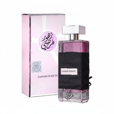 Ard Al Zaafaran Zahoor Francee — Pink box and glass perfume bottle with black fabric wrap and silver cap, Arabic script on