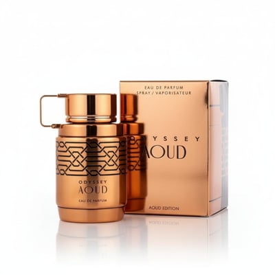 Armaf Aoud Odyssey 100ml EDP Men — Rose gold perfume bottle with geometric pattern next to matching box on white background