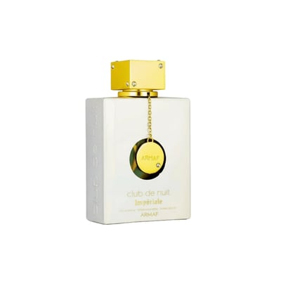 Armaf Club de Nuit Imperiale — White rectangular bottle with gold cap, gold chain, and circular emblem.