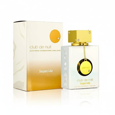 Armaf Imperiale Eau De Parfum Armaf 105ml — White perfume bottle with gold cap and chain charm next to its matching box with