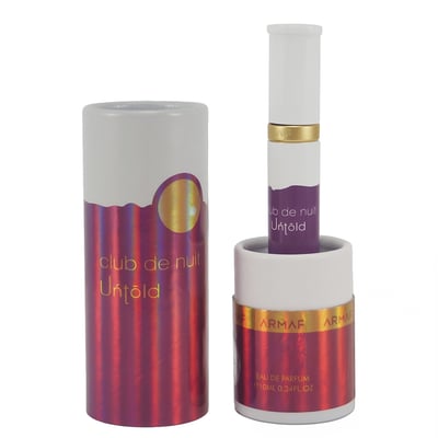 Armaf Club de Nuit Untold 10ml EDP – Unisex. A cylindrical tube and a smaller cylindrical holder with a perfume pen inside
