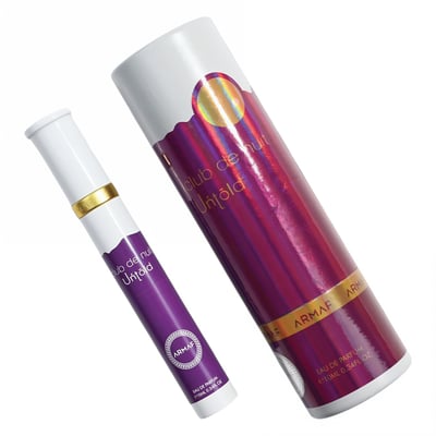 Armaf Club de Nuit Untold 10ml EDP – Unisex — Two purple and white perfume bottles, one large cylindrical tube and one small