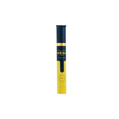 Armaf Odyssey Mega Man 10ml EDP — Tall, slender bottle with navy blue cap and yellow body, featuring gold text and a
