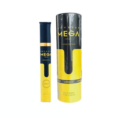 Armaf Odyssey Mega Man 10ml EDP — Tall yellow and black cylindrical packaging with a slim blue and gold perfume bottle