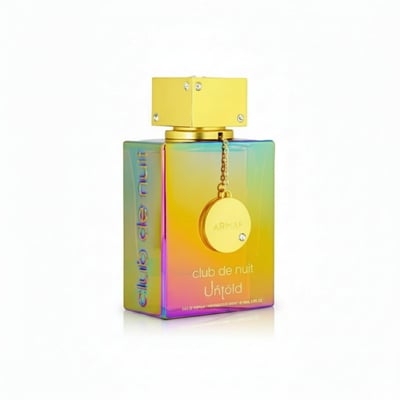 Armaf Club De Nuit Untold — Iridescent bottle with gold cap, gold chain, and circular charm with brand logo.