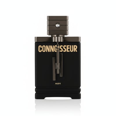 Armaf Connoisseur Man — Black rectangular bottle with gold lettering, metallic cap, and hanging charms on a white background.