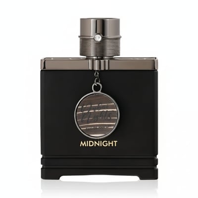 Armaf Dubai Nights Midnight — Black perfume bottle with metallic cap and a circular wooden charm hanging from the neck.
