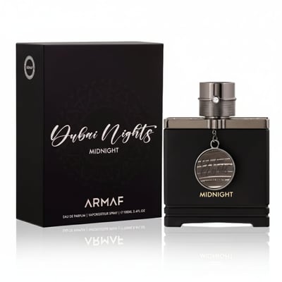 Armaf Dubai Nights Midnight — Black perfume box and bottle with silver accents and a circular charm