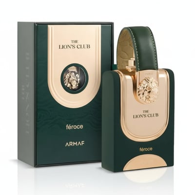 Armaf Feroce by Armaf 100ml EDP Women — Green box and gold bottle with lion emblem and leather strap
