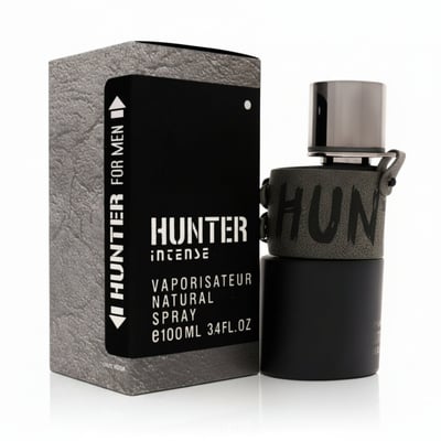 Armaf Hunter Intense — Box and bottle of men's fragrance, black bottle with grey textured band, grey textured box with black