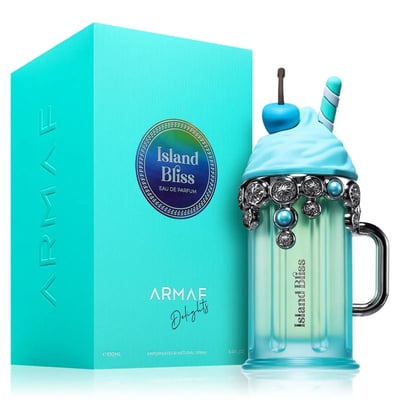 Armaf Island Bliss by Armaf 100ml EDP Women — Turquoise box and a milkshake-shaped perfume bottle with blue whipped cream top