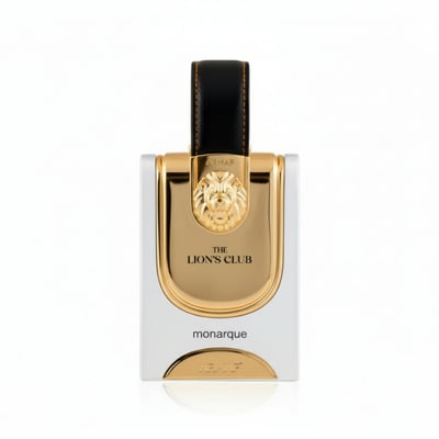 Armaf Monarque by Armaf Lions Club — White and gold perfume bottle with a black leather strap and a lion's head emblem.
