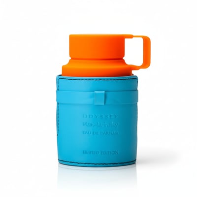 Armaf Odyssey Mandarin Sky — Blue leather sleeve with orange cap and handle, white background