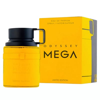Armaf Odyssey Mega Man — Yellow perfume bottle with black cap and box, featuring "MEGA" text