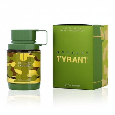 Armaf Odyssey Tyrant Special Edition — Green camouflage bottle and box with gold text, isolated on white