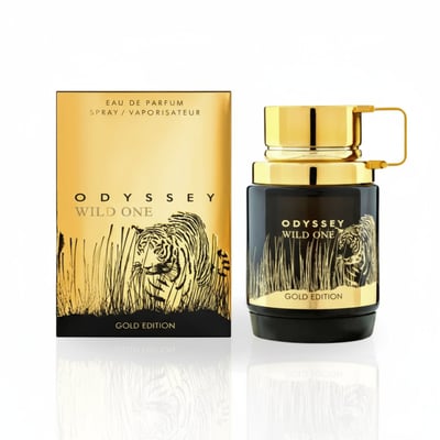 Armaf Odyssey Wild One Gold Edition — Box and bottle with tiger illustration on gold background, white backdrop