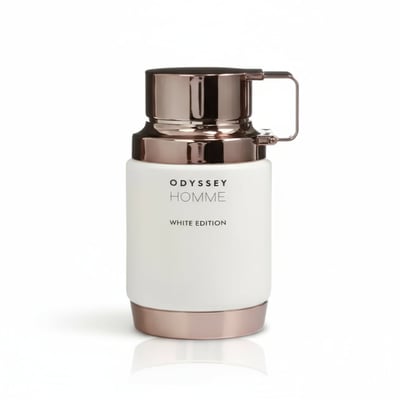 Armaf Odyssey Homme White by Armaf — White bottle with rose gold accents and cap, isolated on white background.