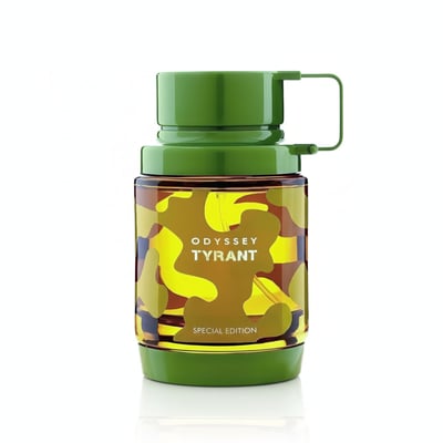 Armaf Odyssey Tyrant — Green cap and base with a camouflage patterned glass bottle, special edition label