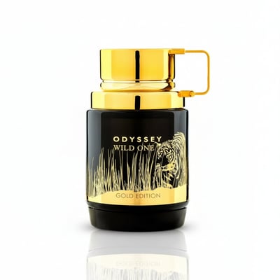 Armaf Odyssey Wild One Gold Edition — Black bottle with gold accents, tiger and grass design, gold cap with handle