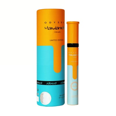 Armaf Odyssey Mandarin Sky 10ml for Men — Tall orange and teal cylindrical box with a smaller matching spray bottle next to