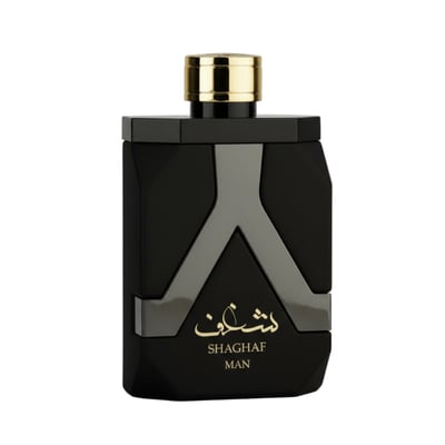 Asdaaf Shaghaf Man by Asdaaf (Lattafa) – Black faceted bottle with gold cap and grey accent design, showing Arabic script and "SHAGHAF MAN" text.
