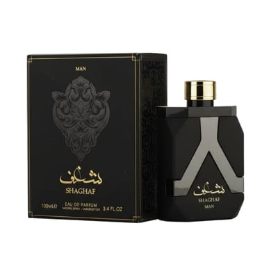 Asdaaf Shaghaf Man by Asdaaf (Lattafa) – 100 ml for Men, black box with gold accents and ornate design next to a black perfume bottle with a gold cap and silver Y-shaped accent.