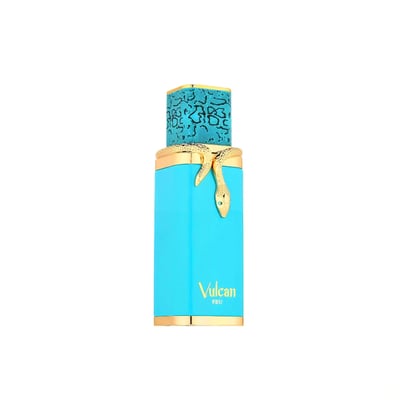 French Avenue Vulcan Feu — Turquoise perfume bottle with gold snake accent and patterned cap, isolated on white.