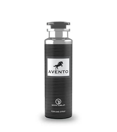 Grandeur Avento Deodorant Body Spray 200ml Grandeur Man — A black textured spray bottle with a silver cap and a white label featuring a black horse silhouette and the text "AVENTO". Below the label is the "GRANDEUR" logo and "PERFUME SPRAY". | Grandeur Avento Deodorant Body Spray 200ml Grandeur Man — Botol semburan