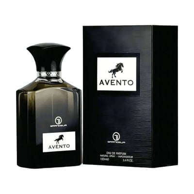 Grandeur Avento Perfume Man 100ml EDP Grandeur — Black bottle with a black cap and silver accents, next to a black textured box with a white label featuring a horse silhouette and the text 'AVENTO'.