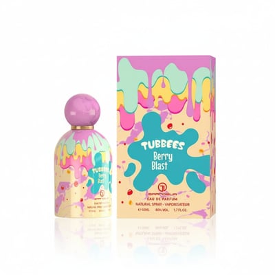 Grandeur Berry Blast by Grandeur Tubbees 50ml Woman — A playful perfume bottle with a marble-effect purple cap and a colorful, dripping paint design, next to its matching vibrant box.