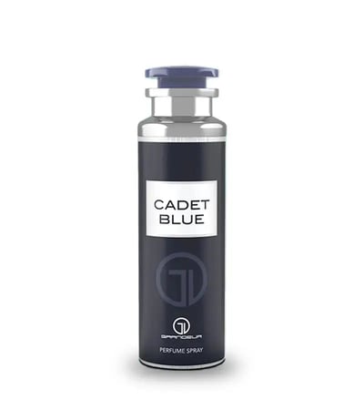 Grandeur Cadet Blue Deodorant Body Spray 200ml Grandeur Man — A dark blue spray bottle with a silver neck and a blue cap, featuring a white label with black text reading 'CADET BLUE' and the Grandeur logo. | Grandeur Cadet Blue Deodorant Body Spray 200ml Grandeur Man — Botol semburan biru gelap dengan leher perak dan