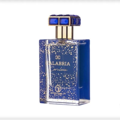 Grandeur Calabria Cerulean by Grandeur Elite 50ml for Him — Blue speckled glass perfume bottle with gold accents and a blue jeweled cap.