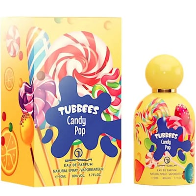 Grandeur Candy Pop by Grandeur Tubbees 50ml EDP for Her — Yellow box and bottle with colorful lollipop and candy designs, blue splash graphic.