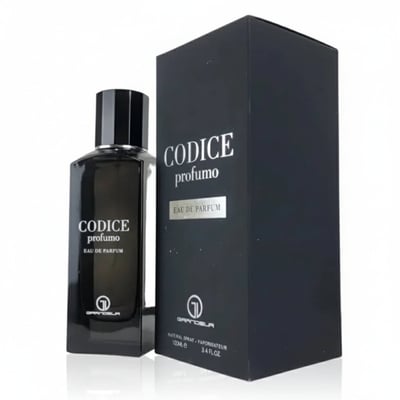 Grandeur Codice Profumo Man by Grandeur Elite – 100 ml for Men, a black perfume bottle and its matching black box, both featuring silver text and the Grandeur logo.