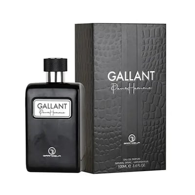 Grandeur Gallant Perfume Man EDP 100ml For Him Grandeur Aromatic — Black perfume bottle and matching textured box with gold accents, displayed against a white background.