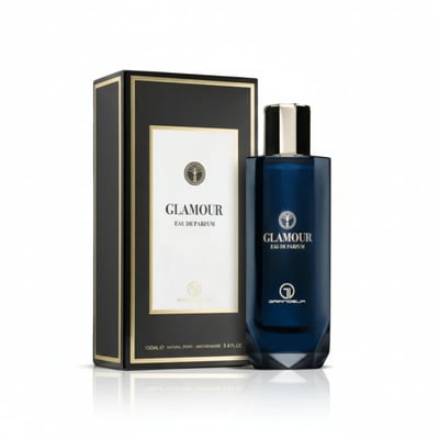 Grandeur Glamour Woman by Grandeur Elite 100ml — Blue glass perfume bottle with gold accents next to its black and gold box, isolated on white.