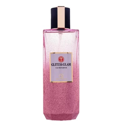 Grandeur Glitz Glam by Grandeur Elite 100 ml for Women — Square pink glitter perfume bottle with a gold and black cap, featuring a purple label with gold text.