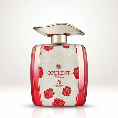 Grandeur Opulent Bloom Red by Grandeur Elite 100 ml for Women — Square glass perfume bottle with red gradient sides and a white panel featuring embossed roses and red rose illustrations. It has a distinctive gold wave-shaped cap.