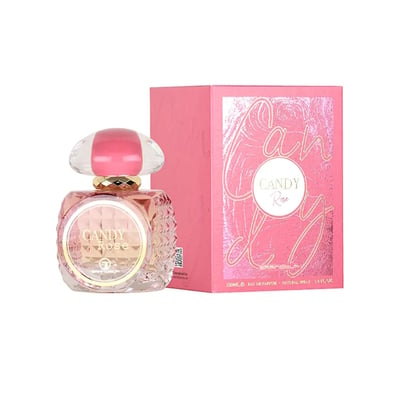 Grandeur Candy Rose by Grandeur – 100 ml for Women, a pink glass perfume bottle with a clear and pink striped cap, next to its pink box with gold foil lettering.