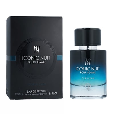 Grandeur Iconic Nuit Pour Homme 100ml EDP for Men — Black box with blue accents and circular design next to a clear glass perfume bottle with blue gradient and black cap.