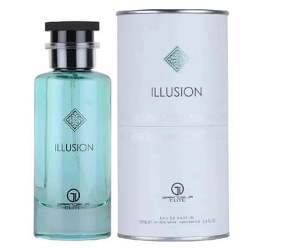 Grandeur Illusion by Grandeur 100 ml EDP Men — A clear glass perfume bottle with light blue liquid and a black cap, next to its white cylindrical box with silver trim.