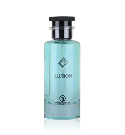 Grandeur Illusion by Grandeur 100 ml EDP Men — A clear turquoise glass perfume bottle with a black cap, featuring a geometric logo and the text "ILLUSION" and "GRANDEUR ELITE" on the front.