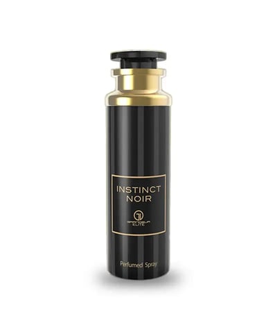 Grandeur Instinct Noir Deodorant Body Spray 200mL Grandeur unisex — A black spray bottle with a gold cap and accents, featuring the text "INSTINCT NOIR" and a logo on a white background. | Grandeur Instinct Noir Deodorant Body Spray 200mL Grandeur unisex — Botol semburan hitam dengan penutup dan aksen emas