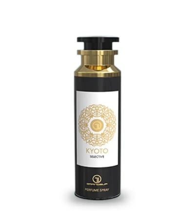 Grandeur Kyoto Selective Angel Deodorant Body 200ml Grandeur Unisex — A black spray bottle with a gold cap and a white label featuring a gold mandala design and text. | Grandeur Kyoto Selective Angel Deodorant Body 200ml Grandeur Unisex — Botol semburan hitam dengan penutup emas dan label putih menampilkan reka bentuk