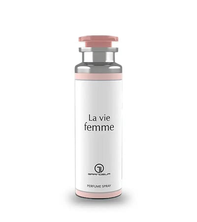 Grandeur La Vie Femme Pink Deodorant Body Spray 200mL Grandeur woman — A white spray bottle with a pink cap and a pink band around the base, featuring the text "La vie femme" and a logo. | Grandeur La Vie Femme Pink Deodorant Body Spray 200mL Grandeur woman — Botol semburan putih dengan penutup merah jambu dan jalur